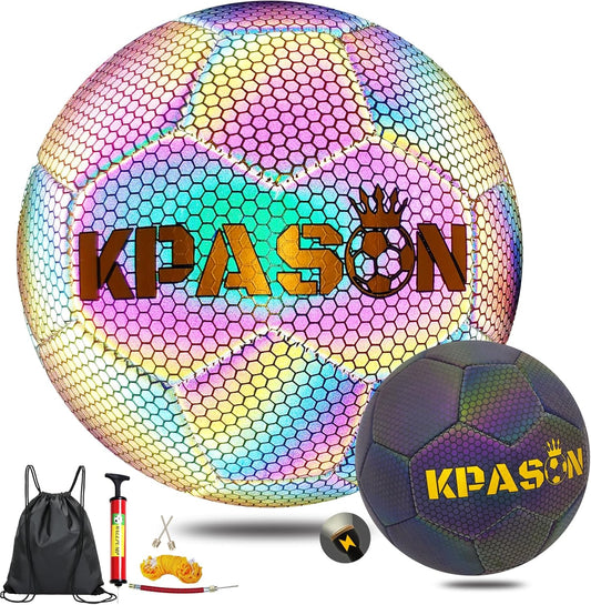 Soccer Ball, Holographic Reflective Glowing Soccer Ball Size 4/5 for Men Women Training, with Pump and Carry Bag